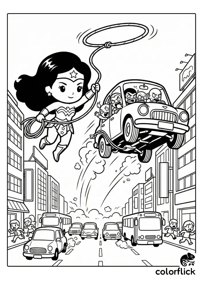 A black and white coloring page showing a cute chibi Wonder Woman flying over a busy street, using her magic lasso to lift a car filled with angry villains into the air while pedestrians run to safety.