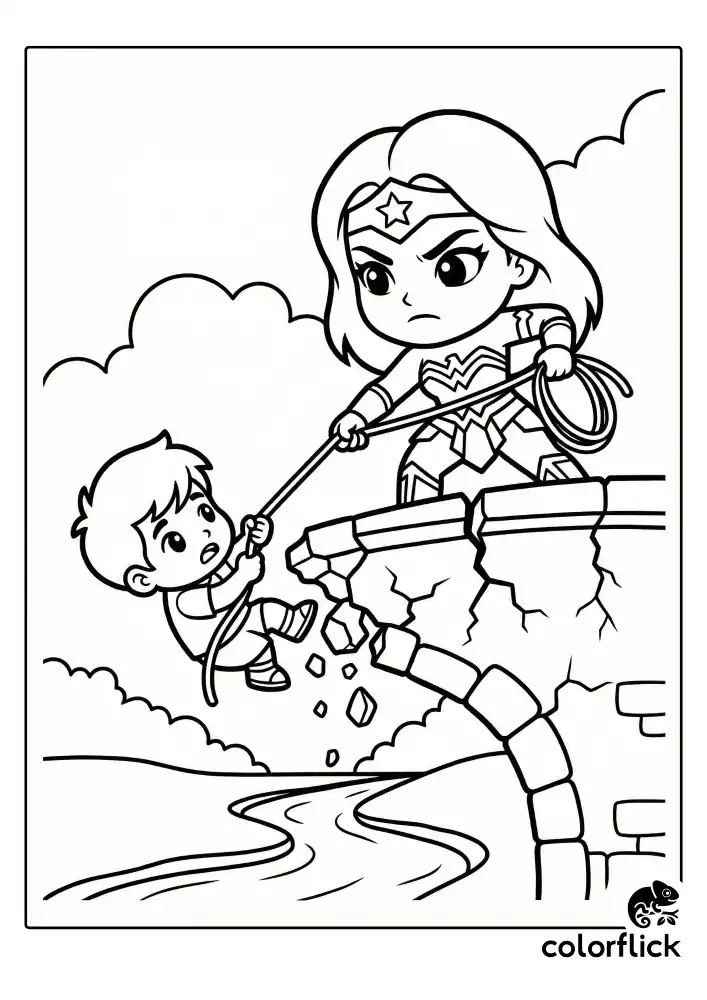 A heartwarming coloring page showing a cute Wonder Woman using her strength to pull a young boy to safety from a crumbling bridge, drawn in a simple outline style.