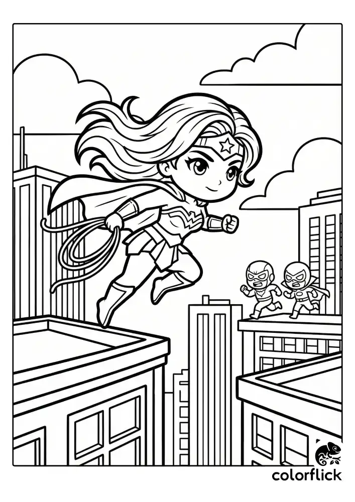 A black and white coloring page showing a cute chibi Wonder Woman flying over a busy street, using her magic lasso to lift a car filled with angry villains into the air while pedestrians run to safety.