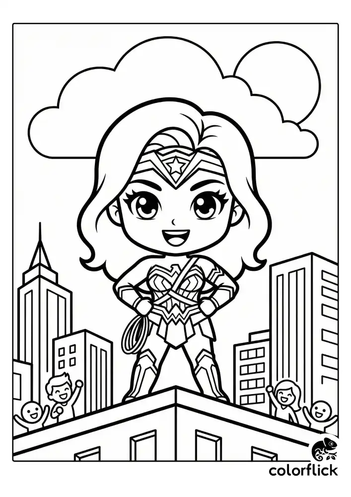 A proud chibi Wonder Woman standing with hands on hips atop a building edge, overlooking a minimal city skyline outline.