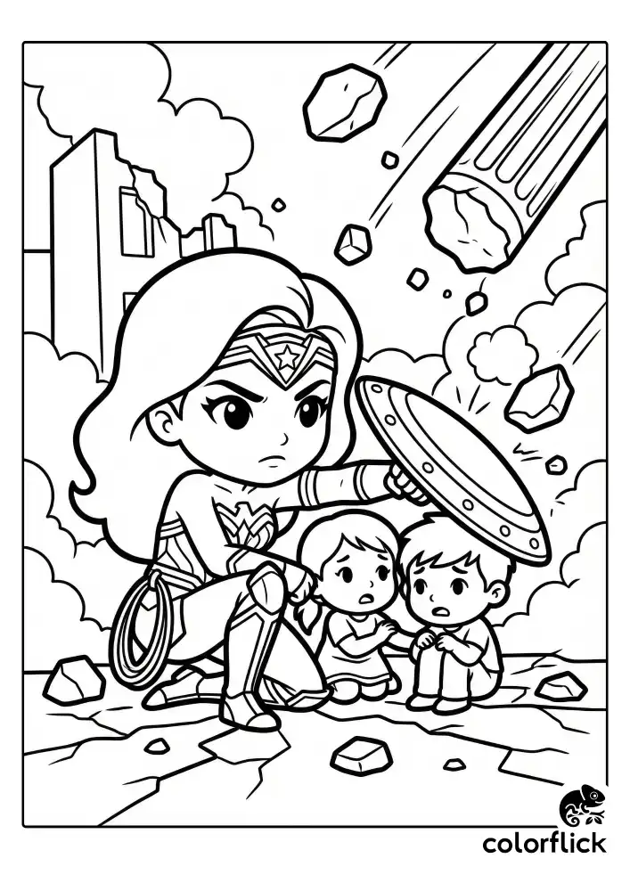 A determined chibi Wonder Woman crossing her silver bracelets to block incoming debris and projectiles, set against a background of smoke clouds and vehicle outlines.