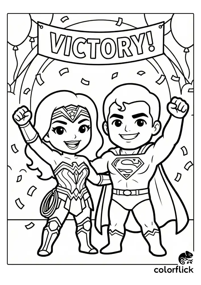 A cheerful coloring page featuring chibi Wonder Woman and Superman standing side-by-side in a triumphant pose, celebrating a victory with bold, easy-to-color outlines.