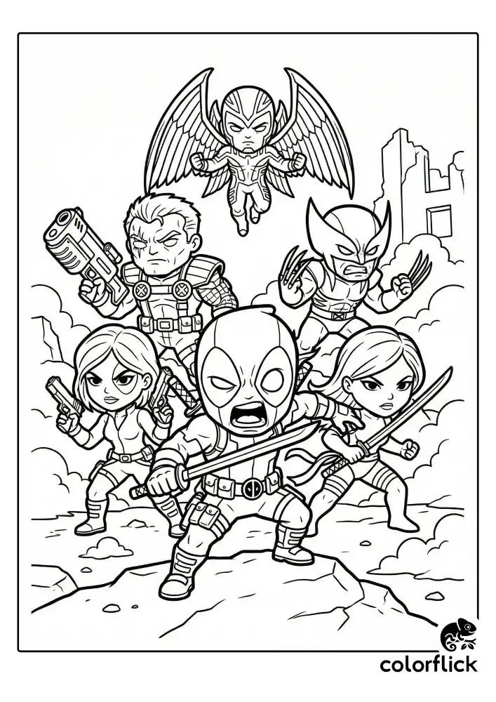 A dynamic coloring page showing cute chibi Deadpool leading the X-Force team into action, drawn with thick, clean black outlines for kids.