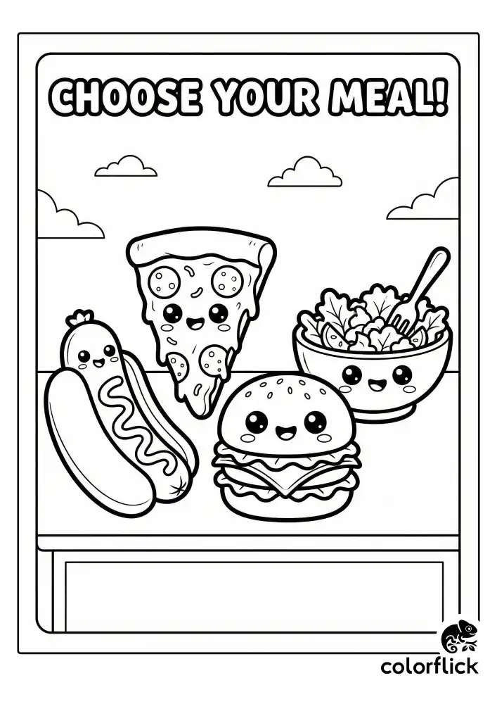 A menu-style coloring page featuring four distinct kawaii food choices: a hot dog, a pizza slice, a burger, and a fresh salad bowl, arranged freely on the page without any frame borders.