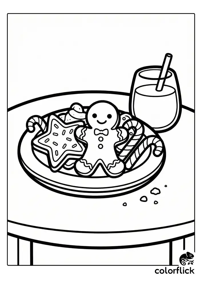 A plate full of yummy Christmas cookies, featuring a smiling gingerbread man, a star shape with sprinkles, and striped candy canes. A glass of milk sits nearby on a simple table surface