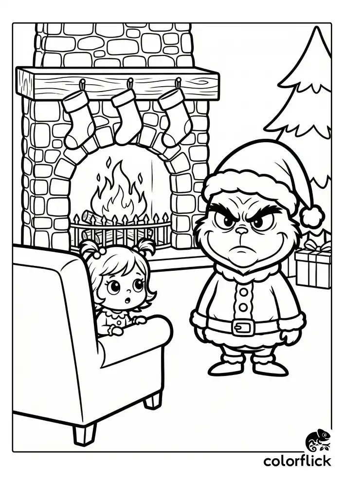 A cute little Cindy Lou Who standing in her pajamas, looking up in surprise at the Grinch disguised as Santa Claus beside a roaring fireplace.