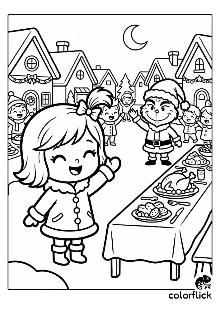 A cheerful Cindy Lou Who standing on a festive street, waving happily at a smiling Grinch amidst a celebration of food and decorations in Whoville.