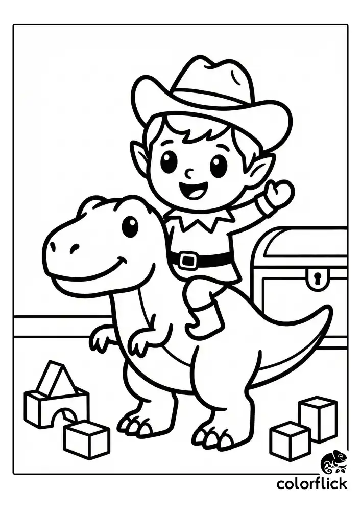 A happy Scout Elf wearing a cowboy hat, waving while riding on the back of a cute toy T-Rex dinosaur among scattered building blocks, with a toy chest outline in the background.