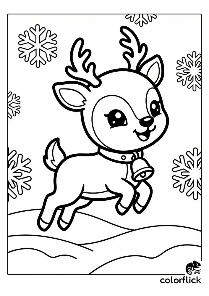 A cute baby reindeer prancing joyfully on snowy ground, wearing a jingle bell collar. It has big eyes, a red nose, and tiny antlers, with simple snowflakes falling in the background. Black and white line art.