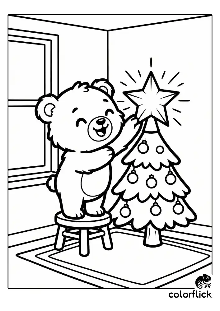 A cute, fluffy chibi bear cub standing on a small wooden stool, happily reaching up to place a shining star topper on a decorated Christmas tree. The scene is set in a simple cozy room corner with a large window outline in the background. Black and white vector line art.
