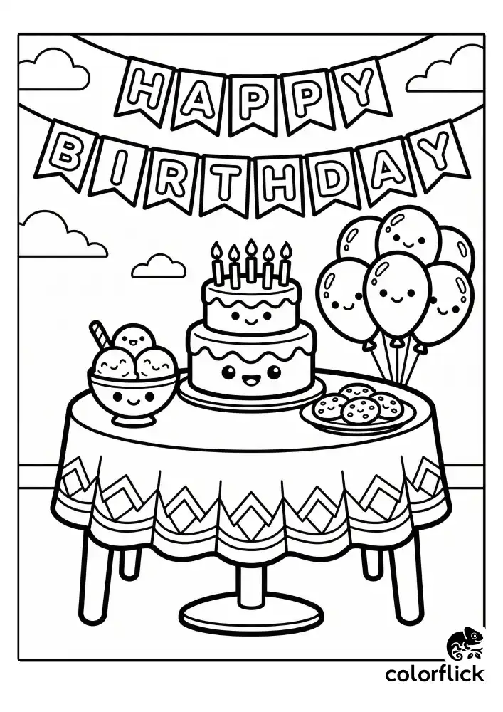 A festive birthday party scene featuring a decorated cake, sweet ice cream, cookies, and floating balloons, illustrated with thick lines and no frame borders.