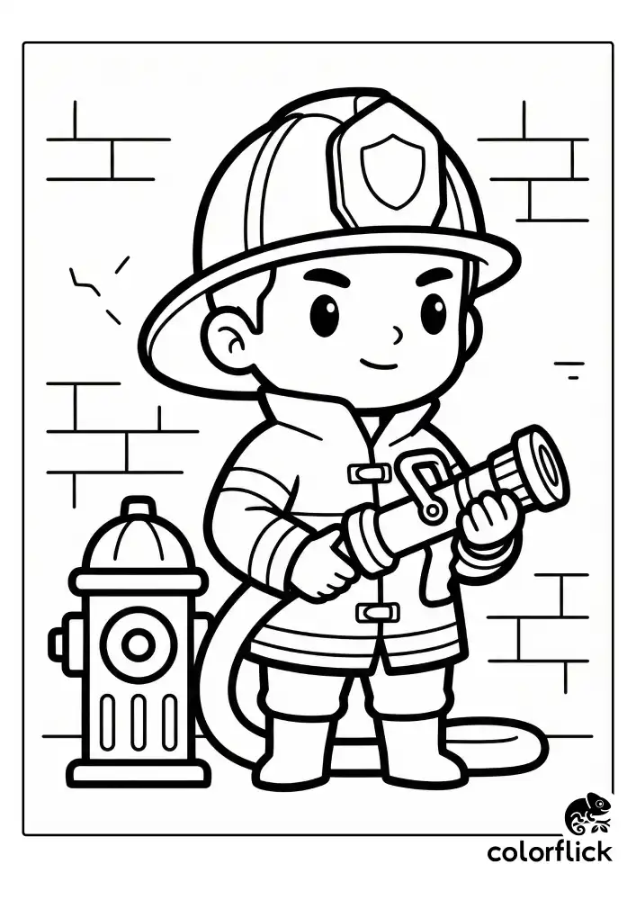 A cute chibi firefighter standing firm and holding a heavy fire hose nozzle, wearing a large safety helmet and thick protective jacket. A fire hydrant is situated beside him against a simple brick wall background. The image is a clean black and white vector coloring page.