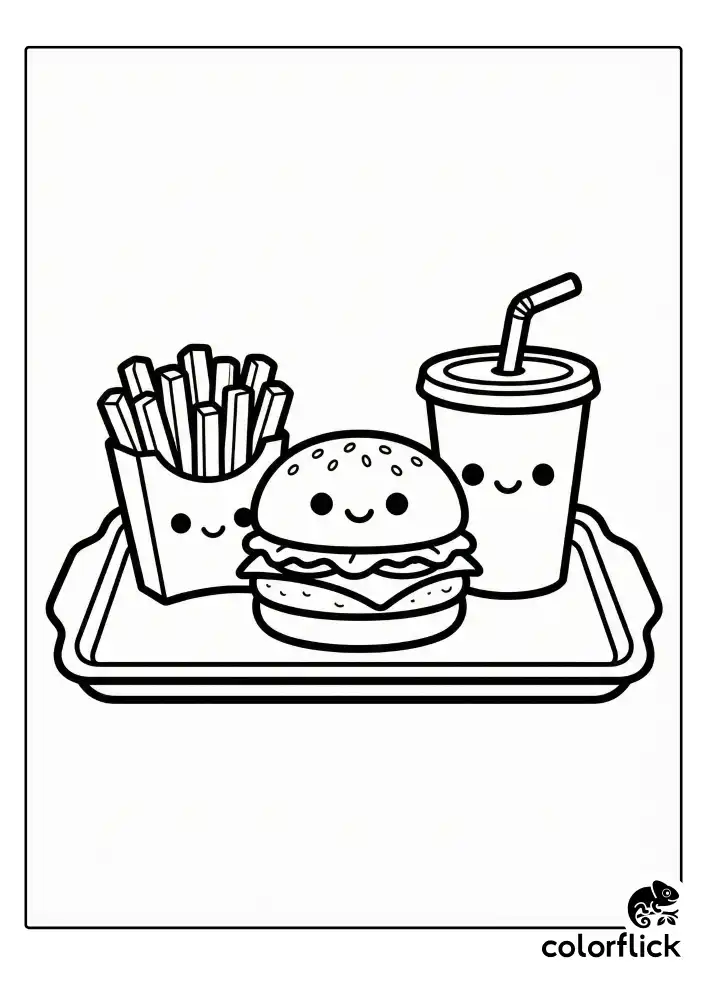 A cheerful fast food meal featuring a smiling burger, a box of happy french fries, and a soda cup with a straw sitting on a serving tray, illustrated with thick bold lines.