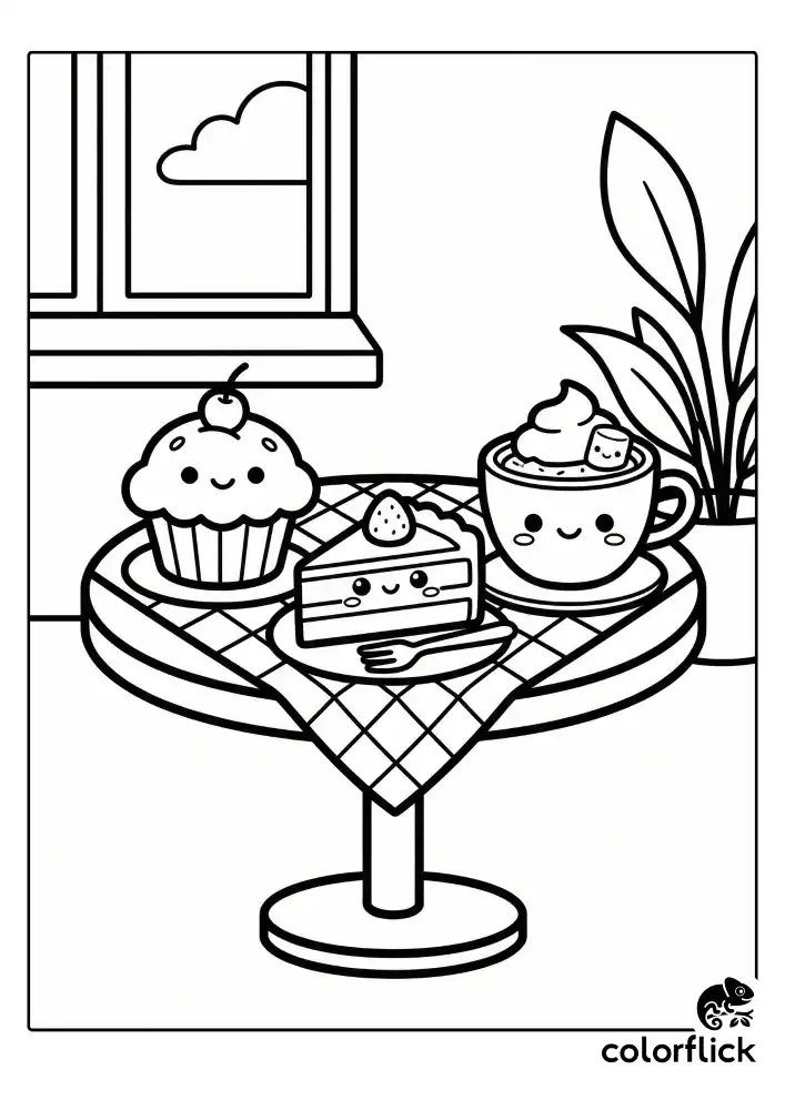 A cozy café table setting featuring a smiling muffin, a delicious slice of cake, and a steaming cup of hot chocolate, drawn with thick lines and no frame borders.