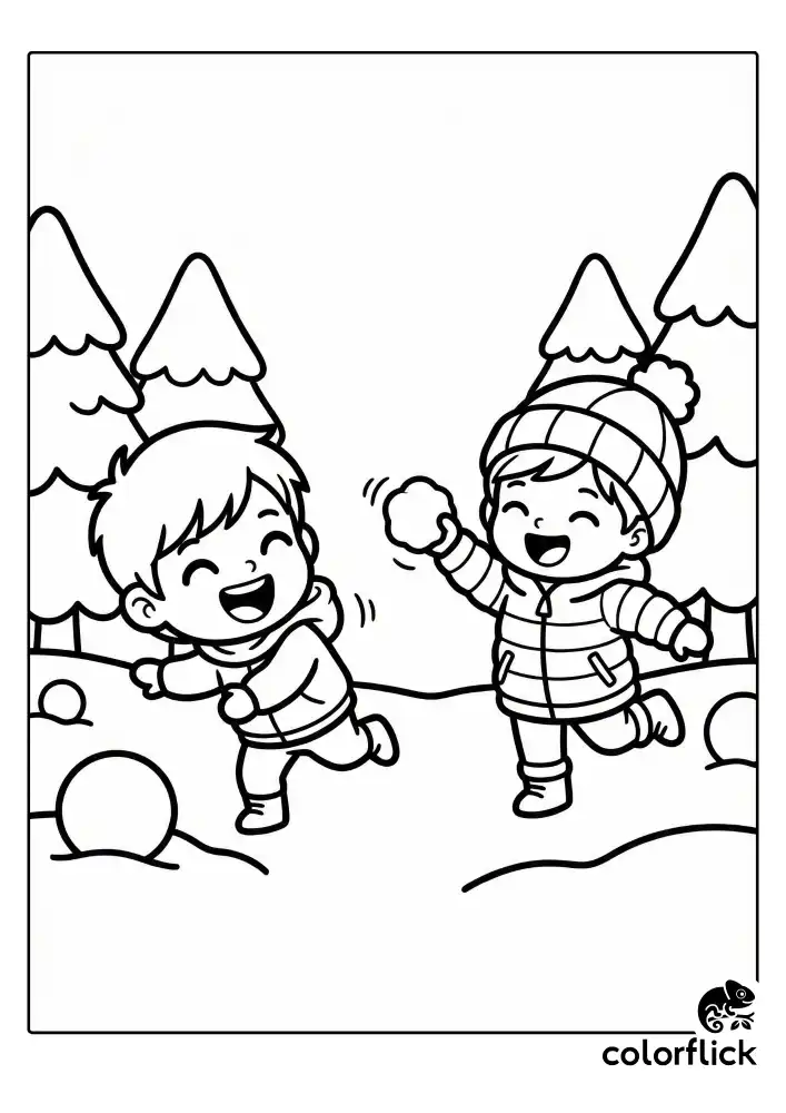 Two happy chibi children in puffy winter jackets and wool hats laughing while having a snowball fight outside. One child throws a snowball while the other runs. The background features snowy ground and simple pine trees. Black and white vector line art.
