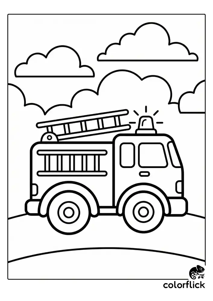 A side view of a cheerful, chunky fire truck driving on a simple curved road, featuring oversized tires, a roof ladder, and a siren light under large fluffy clouds, drawn in thick black outlines.