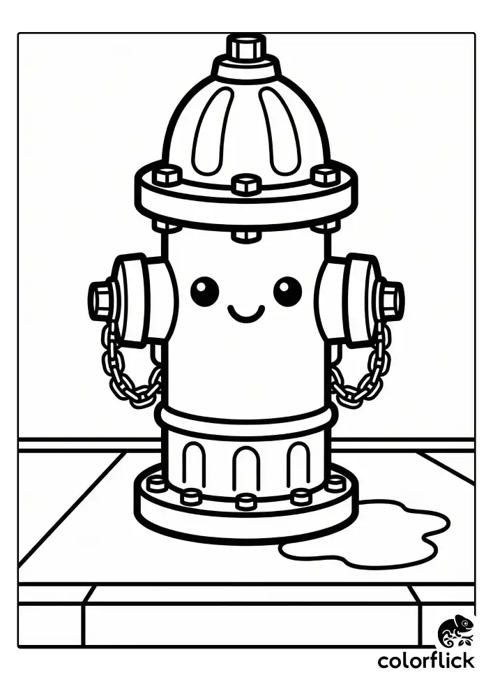 A simple, cute fire hydrant standing on a sidewalk curb with big bolts and side chains, featuring a small water puddle on the ground.