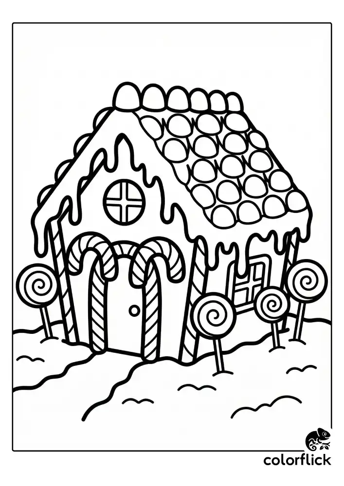 A cute gingerbread house decorated with thick icing, gumdrop roof tiles, and a candy cane door frame. Outside, there are lollipop trees standing on simple snow ground. The image is a fun black and white line art coloring page.