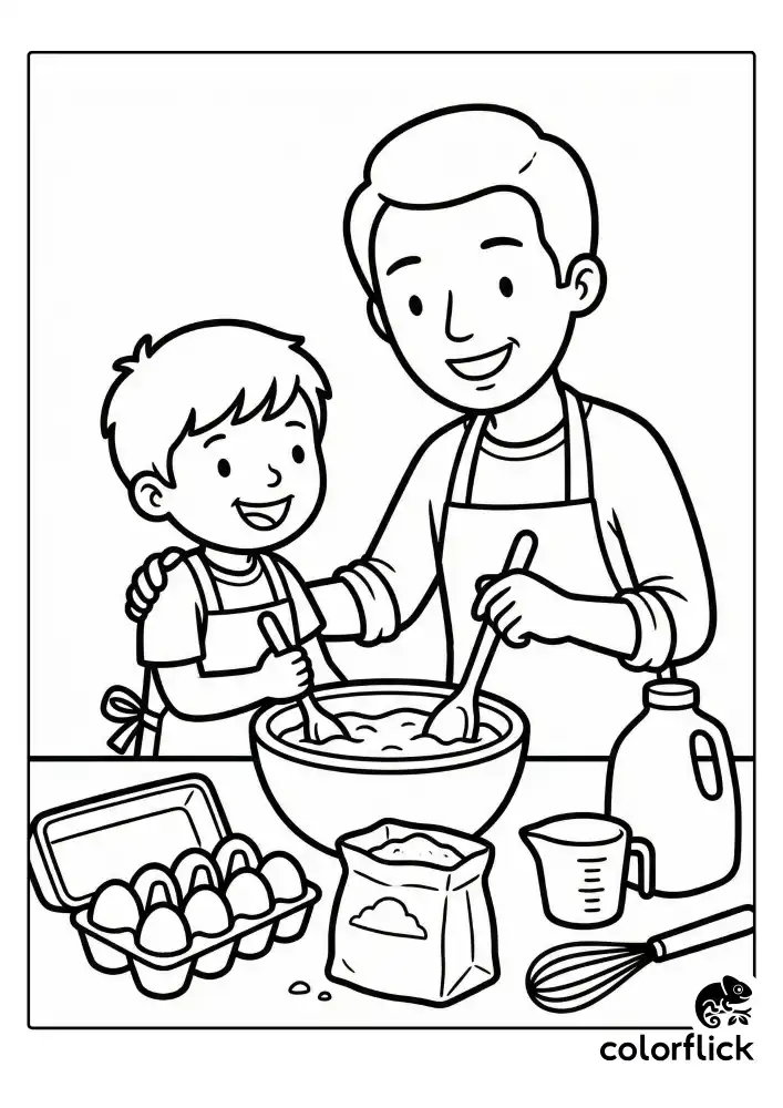 A heartwarming scene of a smiling parent and child whisking batter in a large bowl, surrounded by baking ingredients like eggs, flour, and milk, drawn with bold lines and no frame borders.