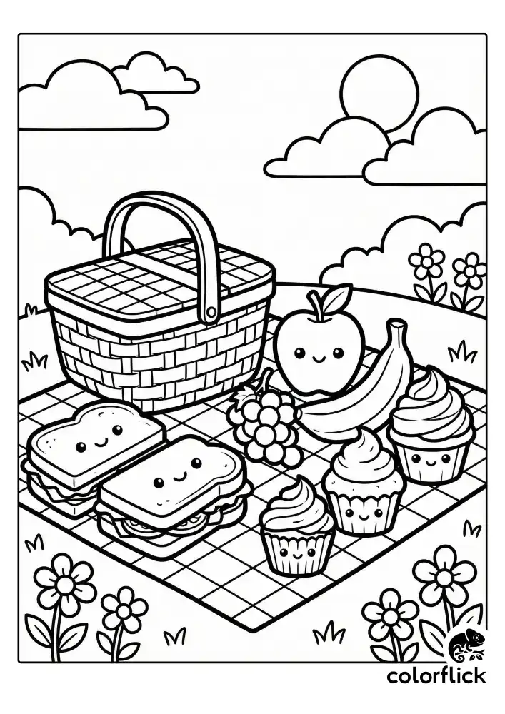 A cheerful picnic scene featuring a woven basket on a blanket, surrounded by sandwiches, fresh fruit, and cupcakes, illustrated with thick bold lines and an open layout without borders.
