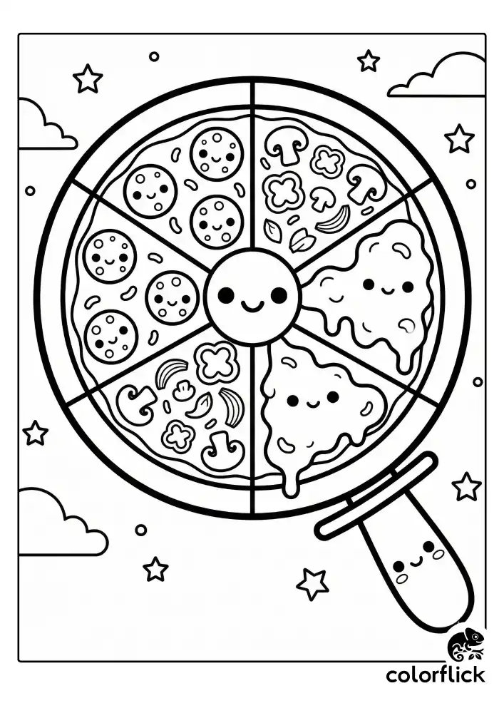 A whole circular pizza cut into slices showing different topping sections including pepperoni circles, fresh vegetables, and melting cheese, illustrated with bold vector lines.
