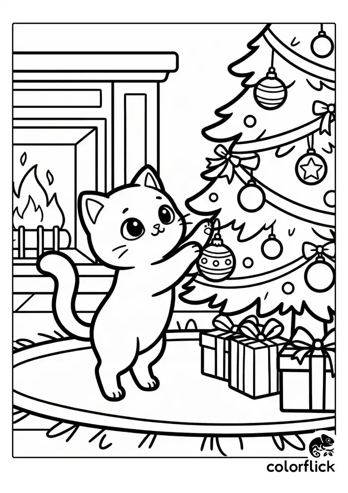 A cute playful cat reaching up to bat at a low-hanging bauble on a decorated Christmas tree. The scene includes shiny ornaments, simple ribbon garland, wrapped gifts, a cozy rug floor, and a fireplace outline in the background. Clean black and white vector line art.