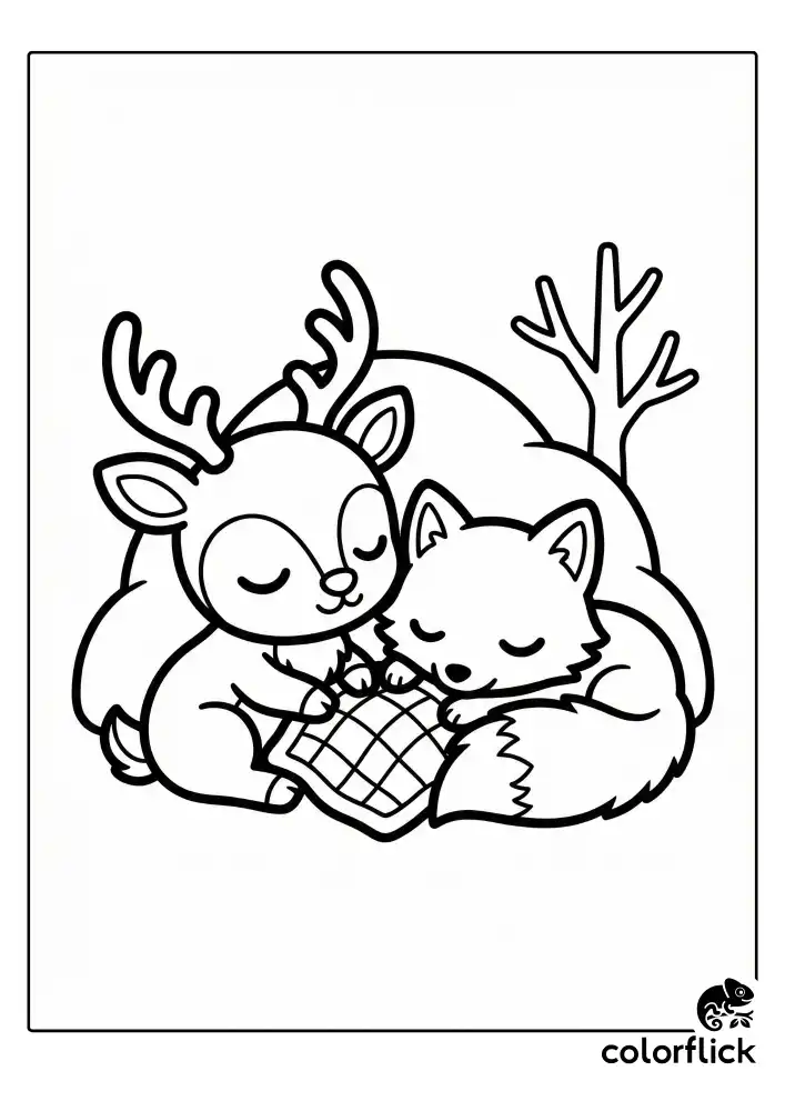 A cute reindeer and a fluffy arctic fox sleeping curled up together under a tiny cozy blanket. They have peaceful expressions, resting on a simple snow mound near a bare tree branch. Minimalist black and white vector lines.