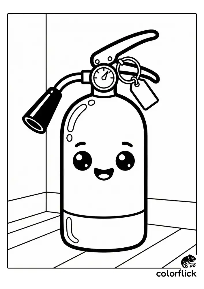 A cute, round fire extinguisher standing upright in a simple corner, featuring a hose nozzle, pressure dial, and safety pin ring.