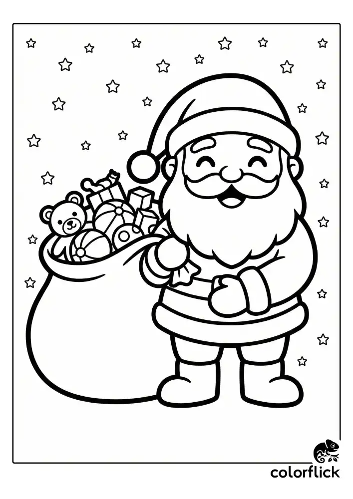 A cheerful, round chibi Santa Claus standing with a big smile, his hand resting on a massive sack overflowing with toys like a teddy bear and balls. He has a fluffy beard and simple boots against a background of tiny star outlines. Black and white vector line art.