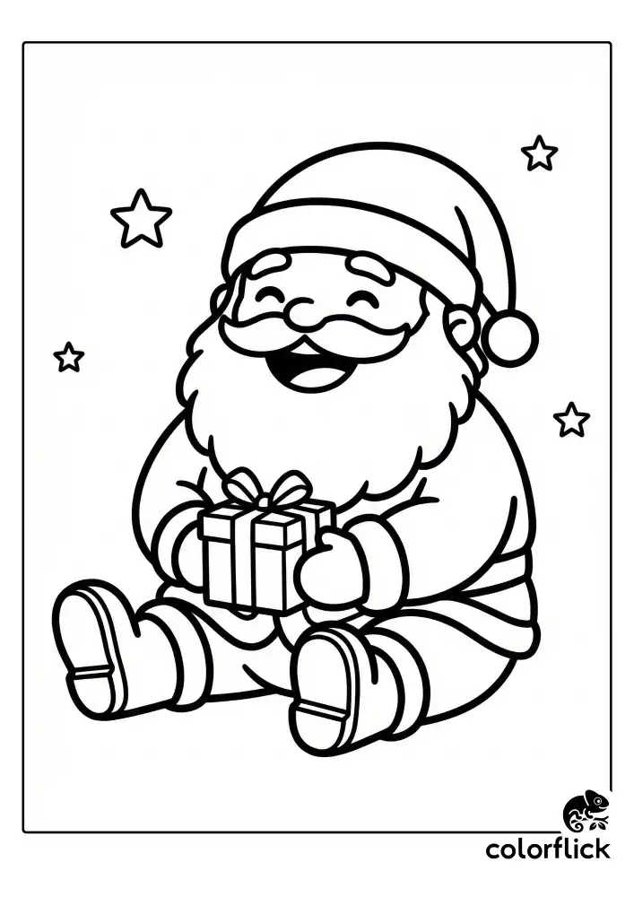 A cute, round chibi Santa Claus sitting plop on the ground with his legs stretched out. He has a big happy grin, a fluffy beard, chunky boots, and is holding one small present. The background features minimal star outlines. The image is a clean black and white line art coloring page.