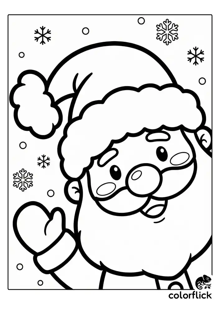 A close-up of a cute chibi Santa Claus face with a big friendly smile and rosy cheeks. He is waving his hand and wearing a fluffy hat with a large pompom. The background features simple falling snowflakes. Clean black and white line art.
