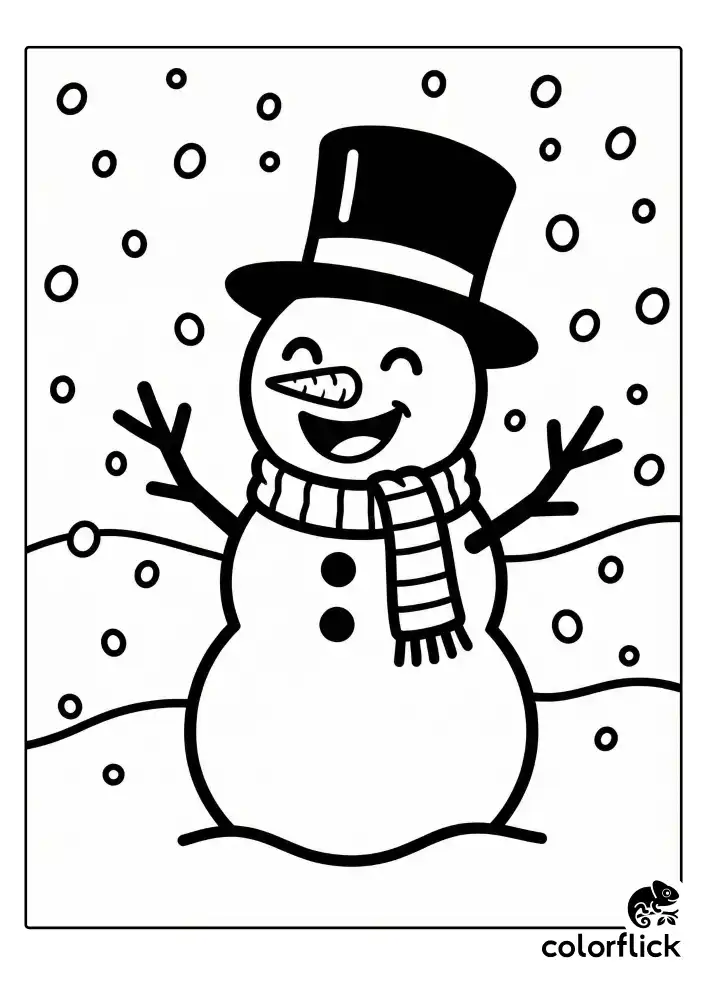 A cheerful snowman with a big smile, wearing a black top hat and striped scarf, waves his stick arms. Heavy snow is falling in a simple winter landscape with rolling hills in the background. The image is a bold line art coloring page.
