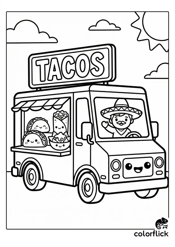 A cheerful mobile food truck scene serving Mexican favorites, featuring smiling tacos, a wrapped burrito, and a plate of crunchy nachos, drawn with simple thick outlines.