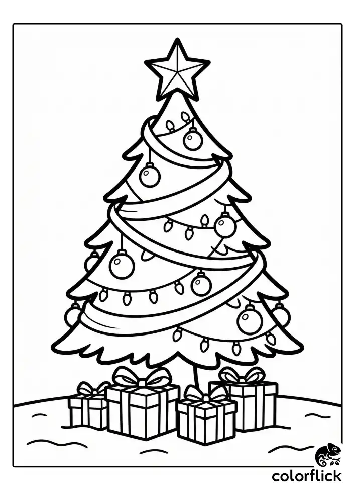 A cute and tall Christmas tree standing centrally, topped with a big star. It is decorated with round baubles, flowing ribbon garlands, and simple string lights. Several wrapped gifts sit at the base on a snowy floor. The image is a black and white line art coloring page.