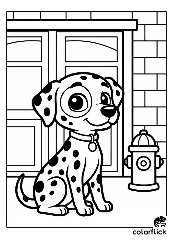A cute spotted dalmatian dog sitting proudly in front of large fire station garage doors, wearing a collar, with a simple fire hydrant standing nearby.