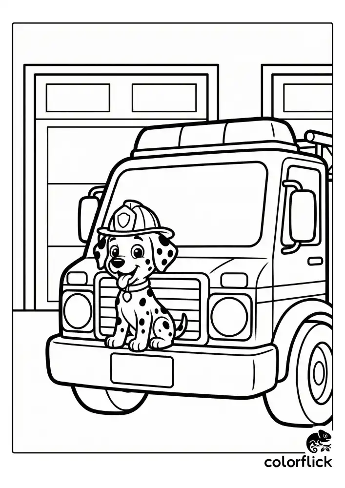 A cute spotted dalmatian dog wearing a tiny fire helmet sitting happily on the front bumper of a large fire truck, with simple garage doors in the background.