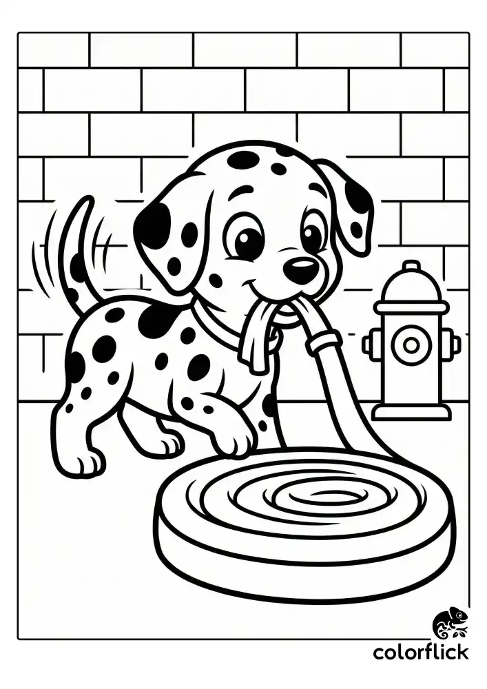 A playful dalmatian puppy tugging on the end of a coiled fire hose with its tail wagging, set against a simple brick wall background with a fire hydrant nearby.