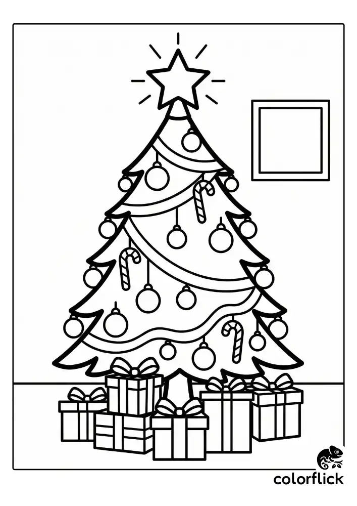 A cute, tall Christmas tree decorated with a shining star topper, round baubles, candy canes, and a ribbon garland. A stack of wrapped gifts sits at the base against a plain wall with a window outline. Black and white coloring page.