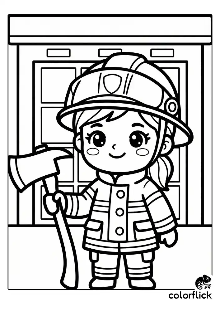 A brave female firefighter standing proudly and holding a large fire axe, wearing a safety helmet and protective jacket with a happy smile in front of a station door.