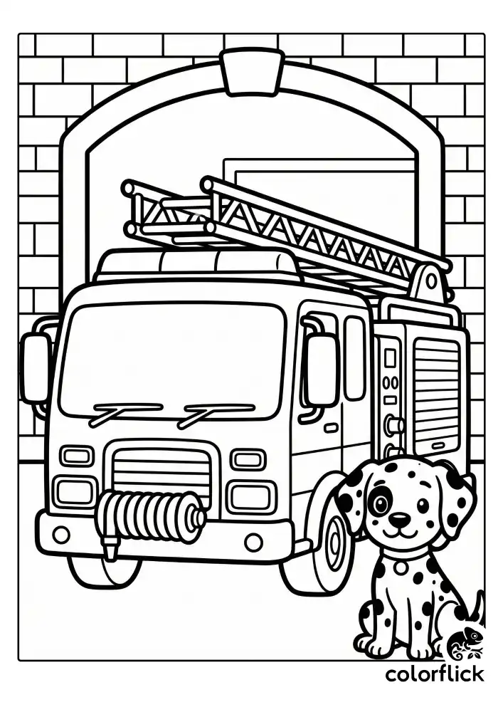 A front view of a friendly fire engine parked under a simple station archway, featuring a coiled hose and ladder, with a cute spotted dalmatian dog sitting next to it.