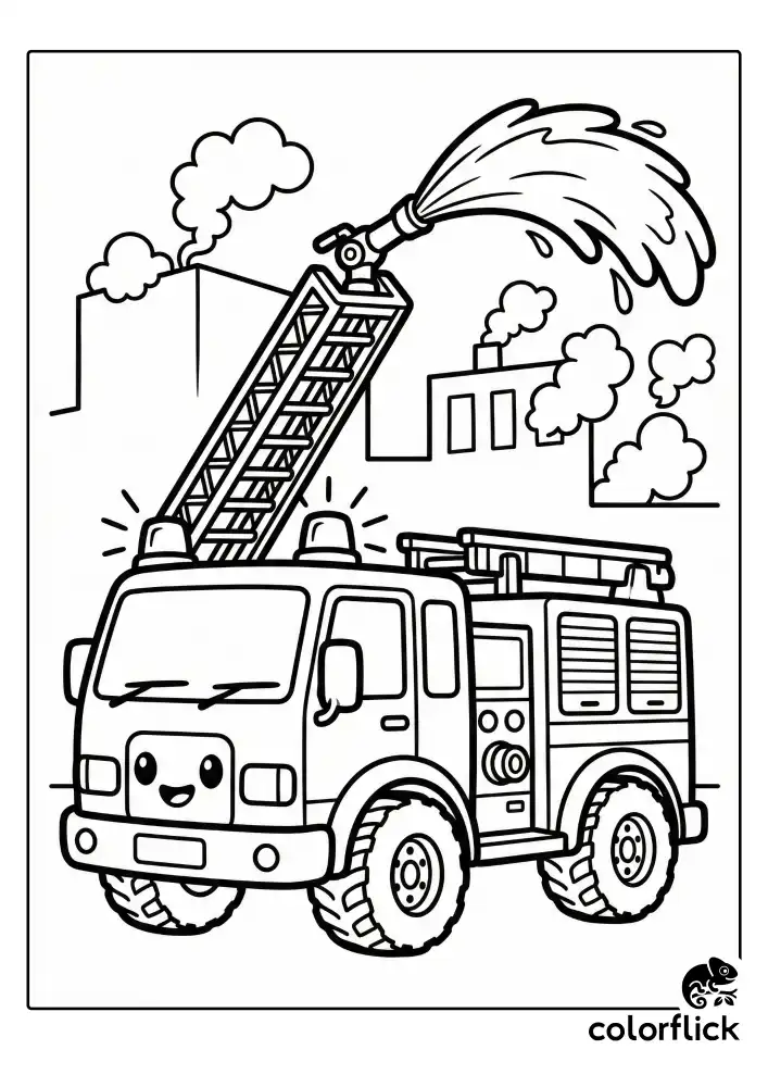 A brave fire engine parked with its ladder extended, spraying a large arc of water towards a building with cartoon smoke clouds, featuring big rugged wheels and flashing sirens.