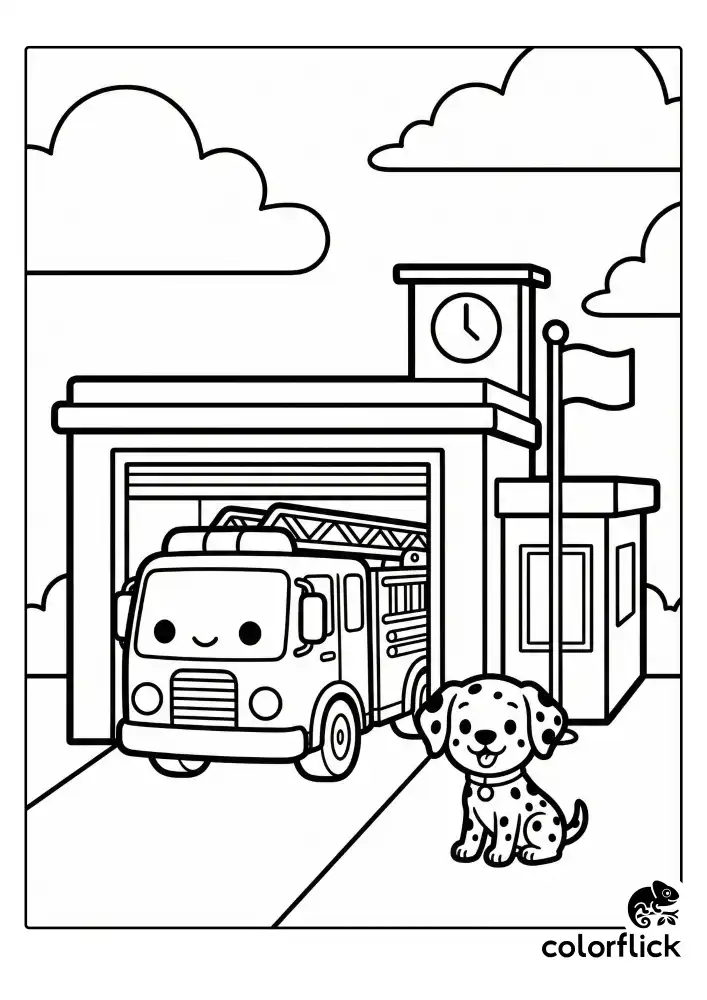 A cute fire station building with a clock tower and flagpole, showing a large fire truck parked in the open garage bay and a dalmatian puppy sitting in the driveway under fluffy clouds.