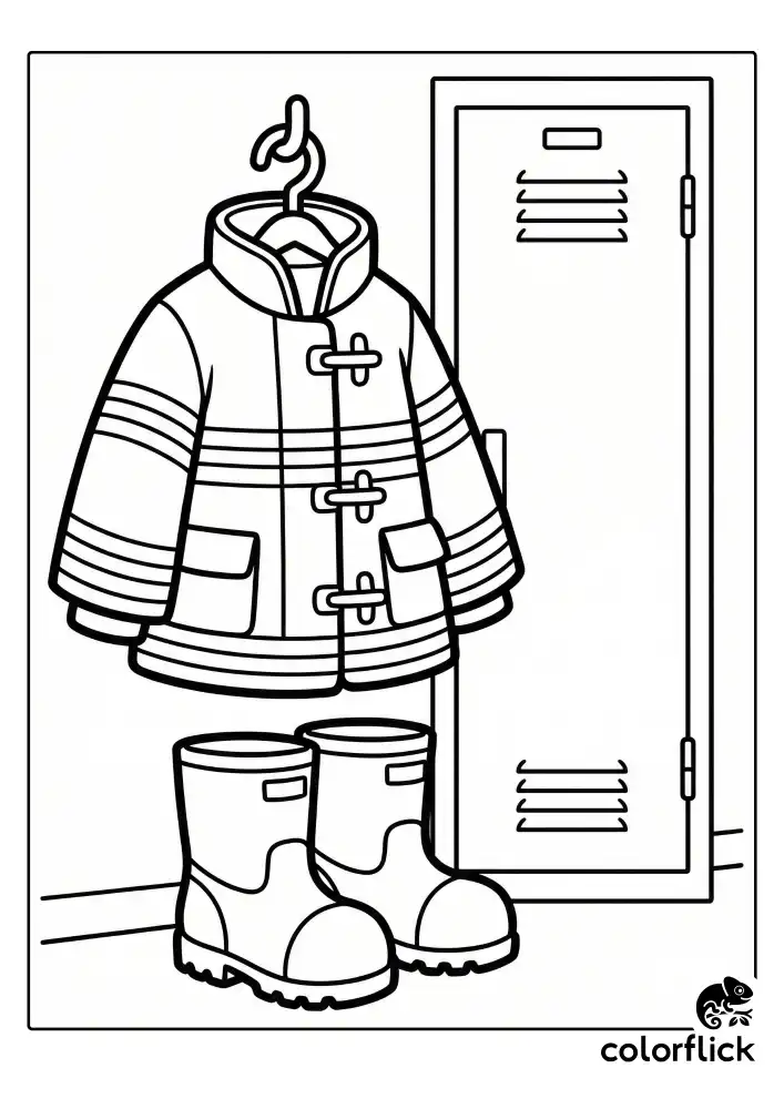 A thick firefighter coat hanging on a locker hook featuring heavy stripes and clasps, with a pair of large rubber safety boots sitting on the floor below.
