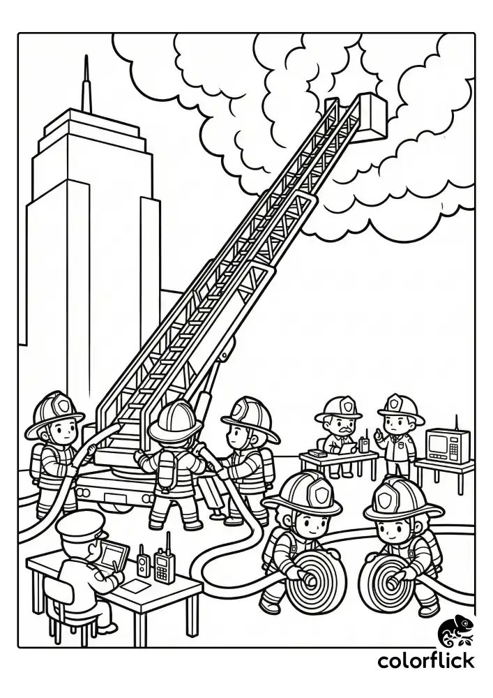 Brave firefighters on the ground managing the base of an enormous aerial ladder reaching into heavy smoke, while coiling thick hoses in front of a looming skyscraper outline.