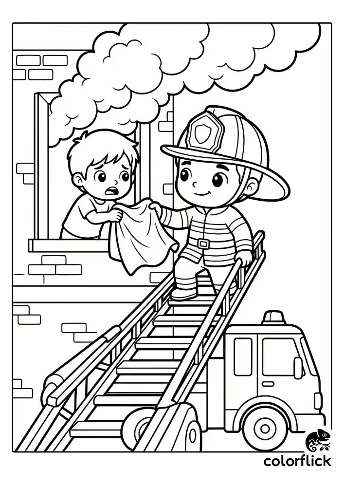 A brave firefighter balancing on a high ladder rung to help a person escape from a window of a tall brick building, surrounded by thick smoke clouds and the top of a fire truck below.