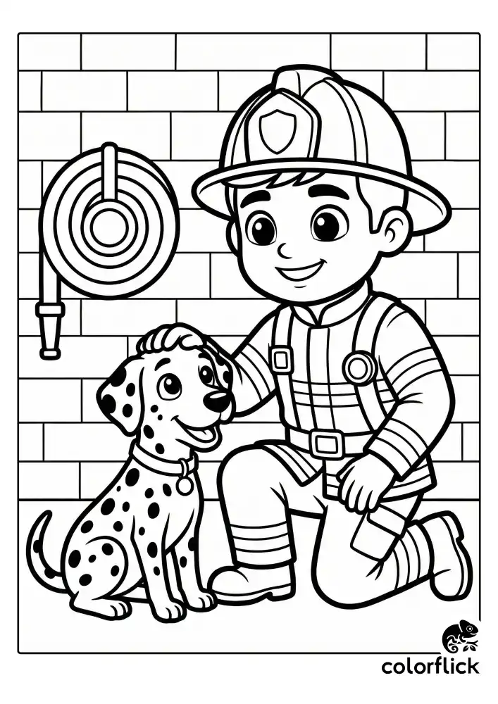 A heartwarming coloring page of a male firefighter kneeling down to pet a friendly dalmatian dog, wearing full gear and a helmet against a simple brick wall background.