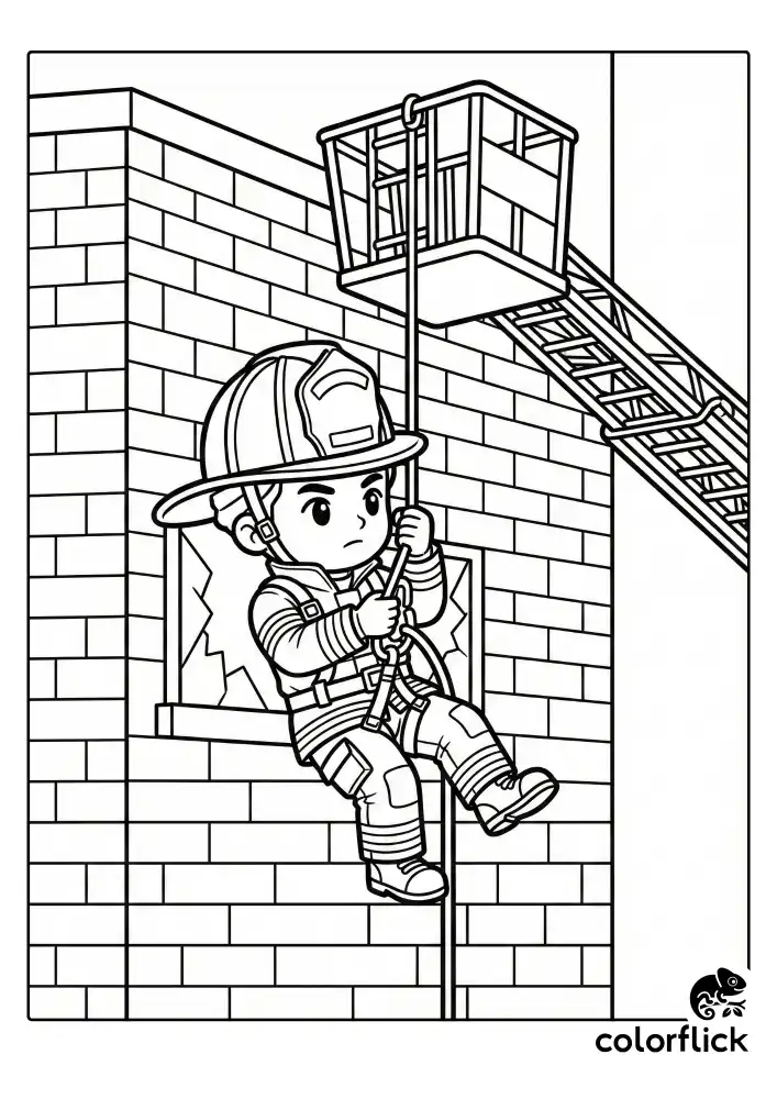 A brave firefighter slowly descending on a rope from an aerial ladder platform, wearing full protective gear and a safety harness against a tall brick building wall.