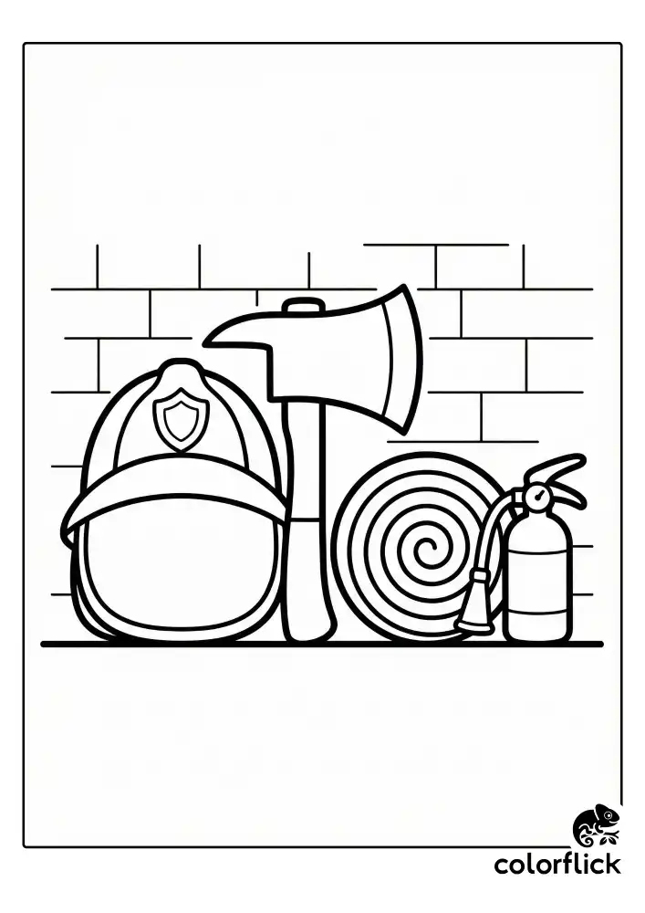A neat arrangement of firefighter safety gear on the ground, showing a large helmet, fire axe, coiled hose, and extinguisher against a simple brick wall.