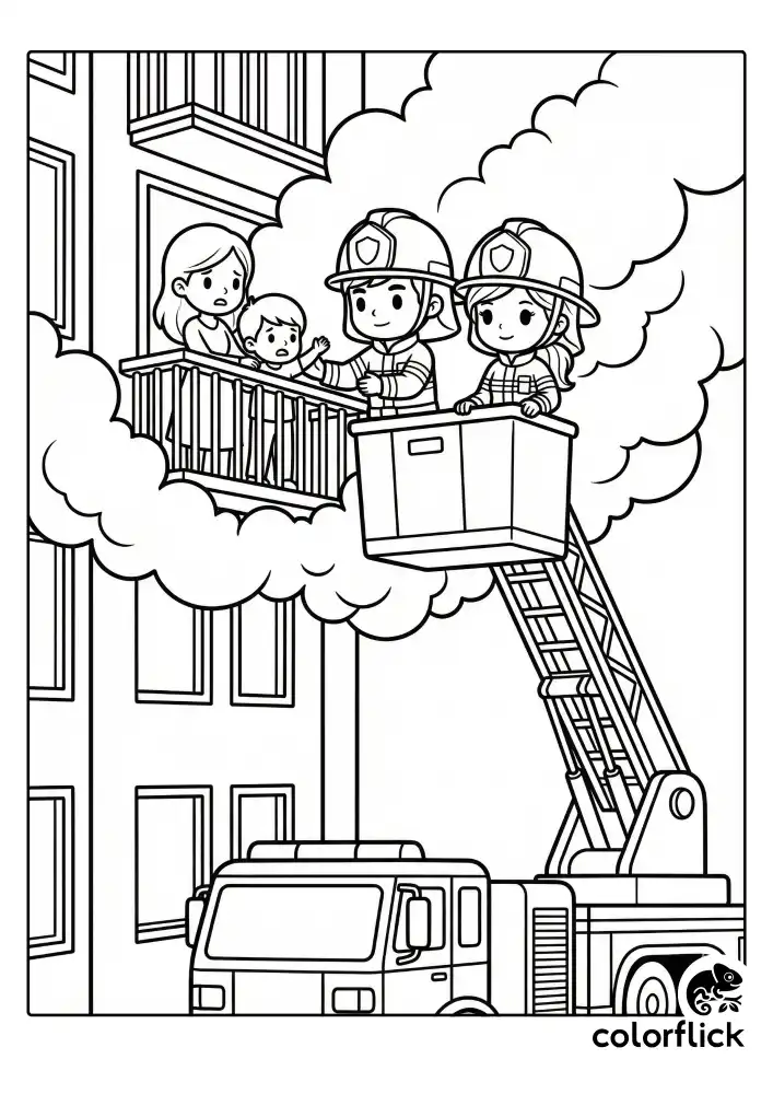 A heroic coloring page showing a brave firefighter team in an extended aerial bucket helping a scared mother and child off a high apartment balcony surrounded by thick smoke clouds.