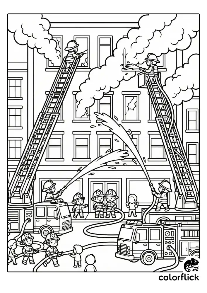A dynamic coloring page showing a team of brave firefighters using two extended ladders to reach the windows of a large building, spraying water hoses with smoke clouds in the background.